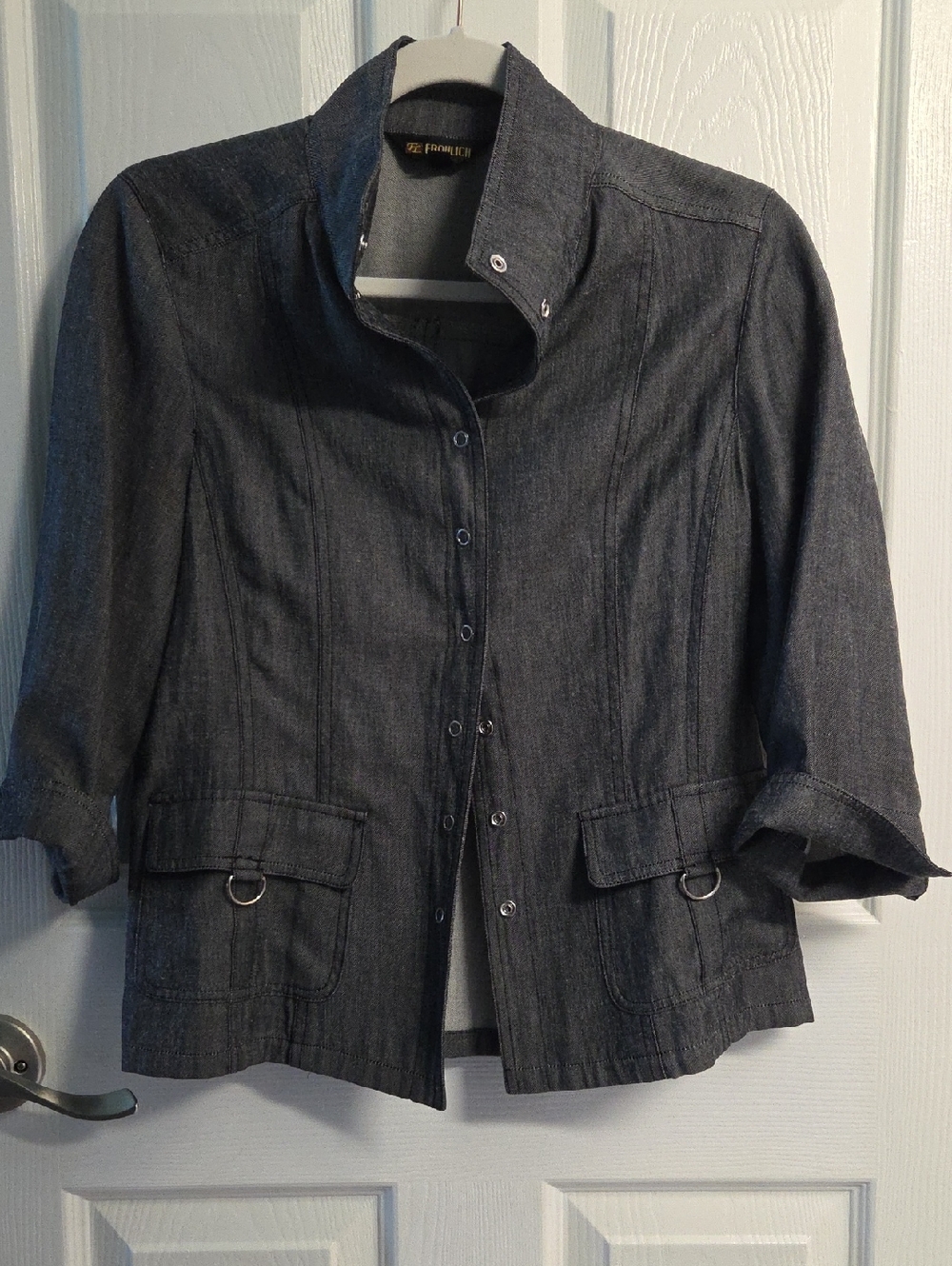 Faded Black Denim Jacket with Snap Front, 3/4 Sleeves